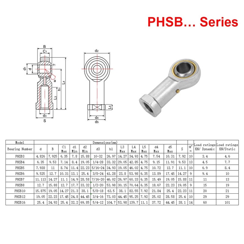 HiPicco PHSB6 Rod End Bearing 3/8 Inch Bore and 3/8-24 Right Hand Thread, Self-Lubricating Female Heim Joint Rod Ends,Includes Jam Nuts 2pcs - Image 5